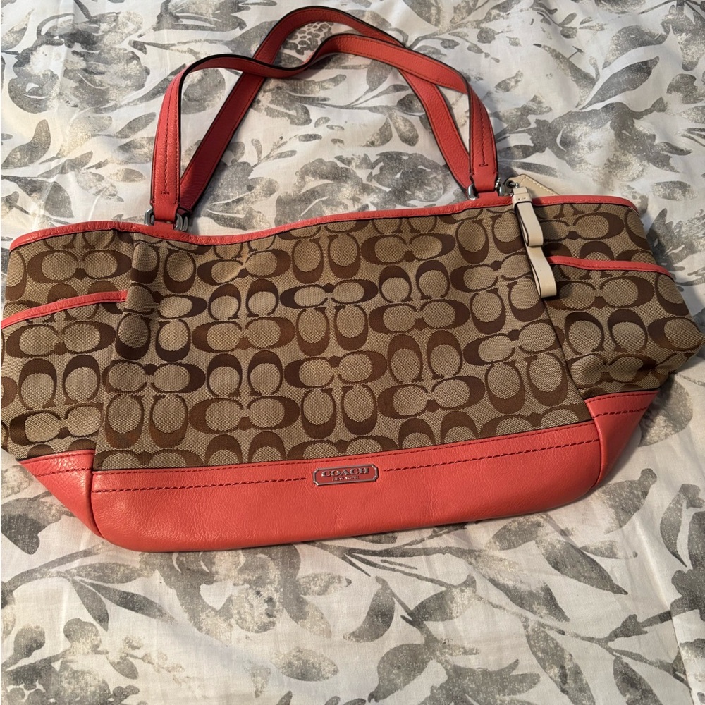 Coach Tan/Brown and Coral Signature Shoulder Bag